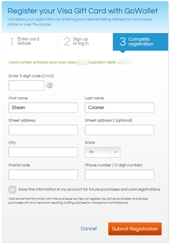 How do you register a visa gift card
