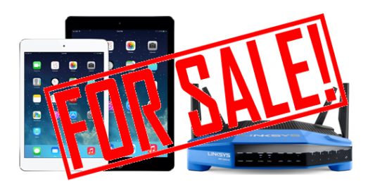 a tablet and router with a red text overlay