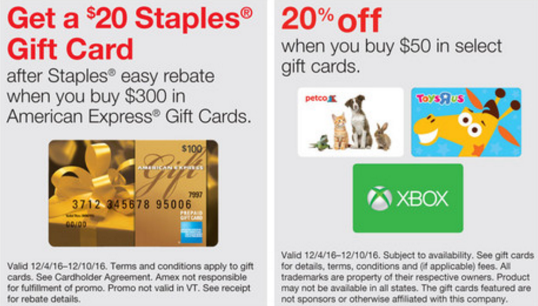 Free Money & 5X + 20 Off Select Gift Cards at Staples Miles to Memories