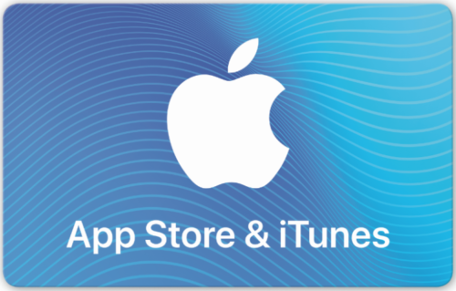 a blue and white card with a white apple logo