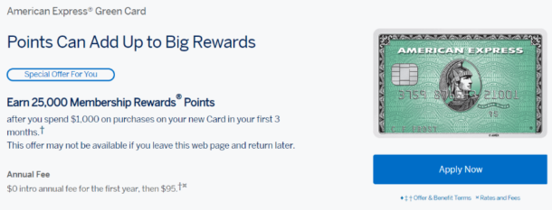 American Express Green Card, Increased 25K Bonus Available - Miles to