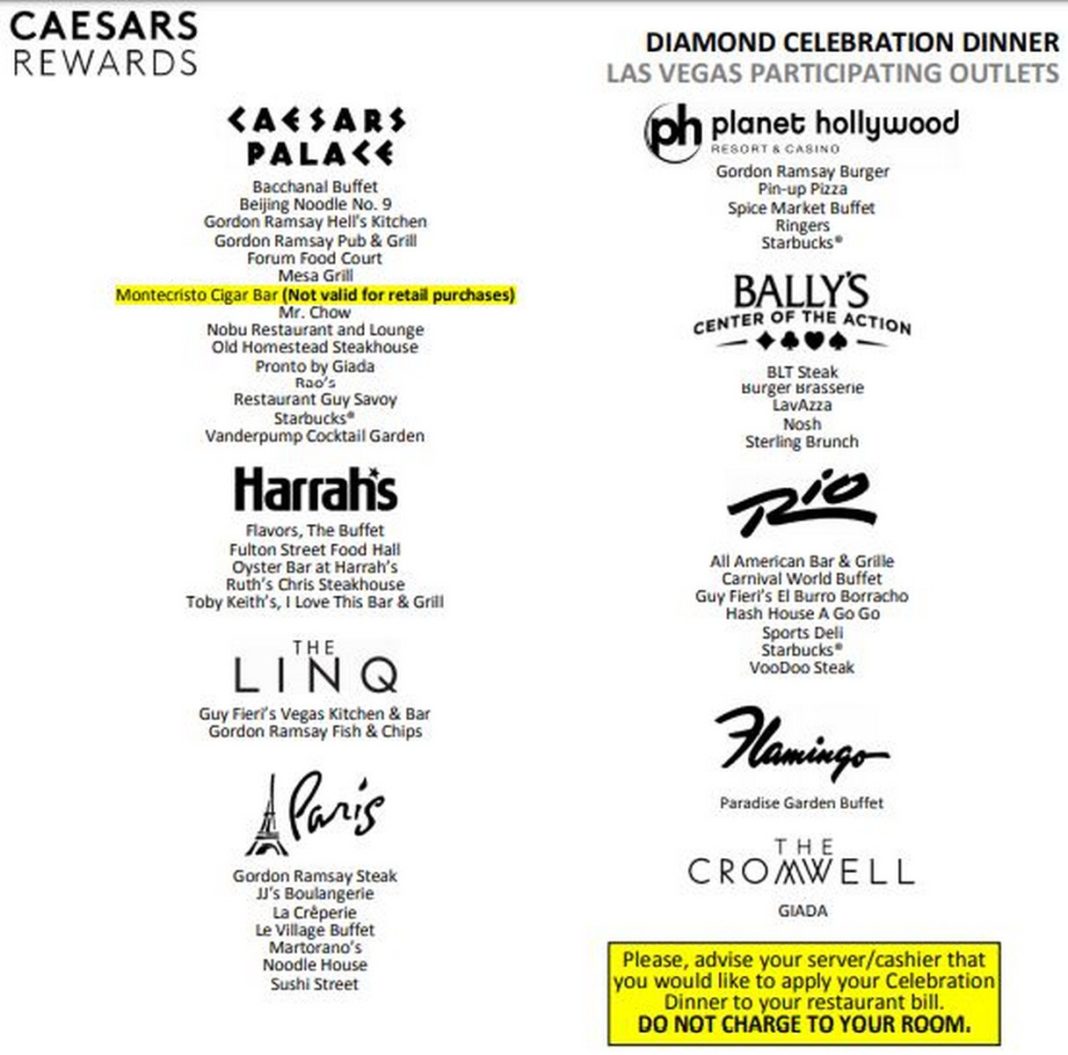 Caesars Diamond Celebration Dinner Highest Rated Locations