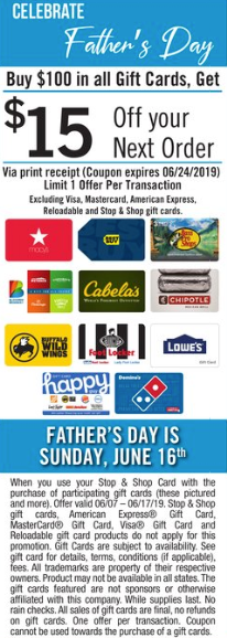 Stop&amp;Shop, $15 Discount with $100 Purchase of 3rd Party Gift Cards ...