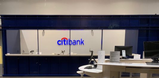 a desks and computers in a bank