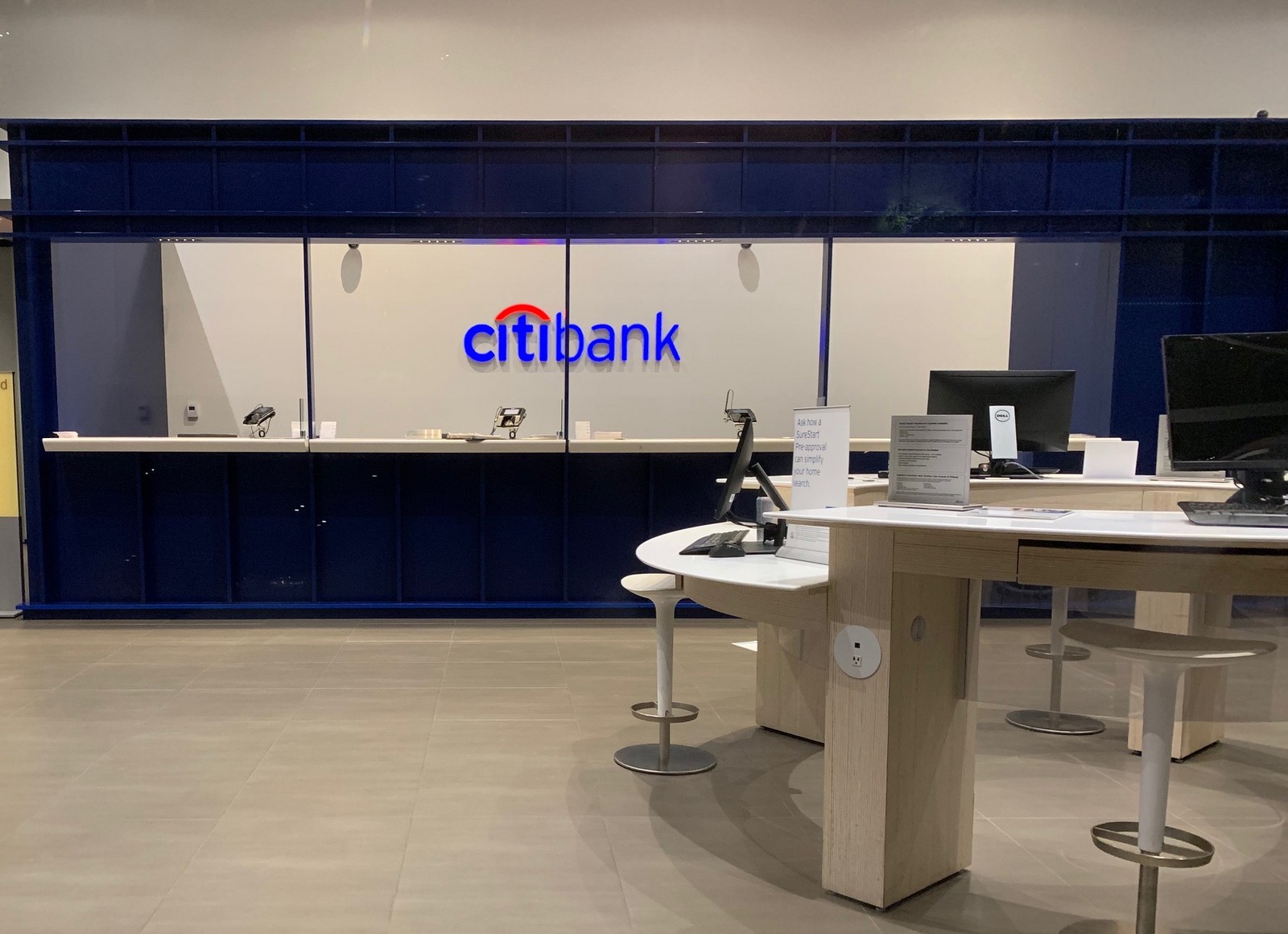 a desks and computers in a bank