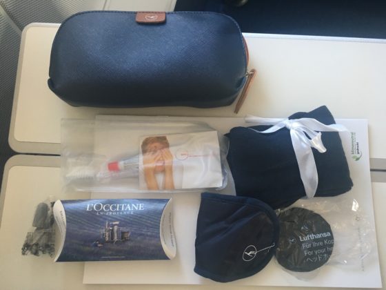 Lufthansa business class amenity kit opened