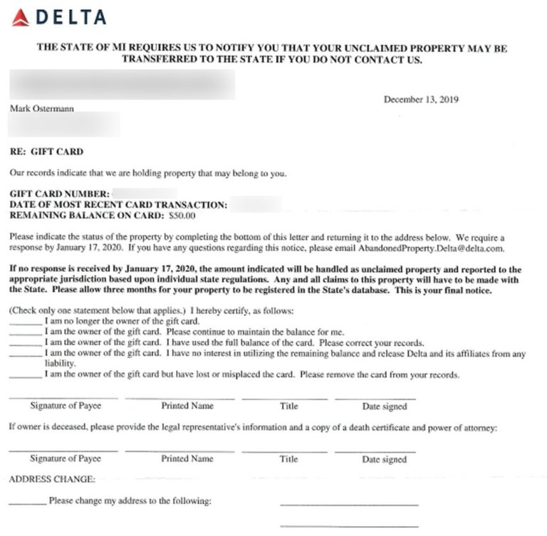 Gift Cards Being Sent To Unclaimed Property Letter