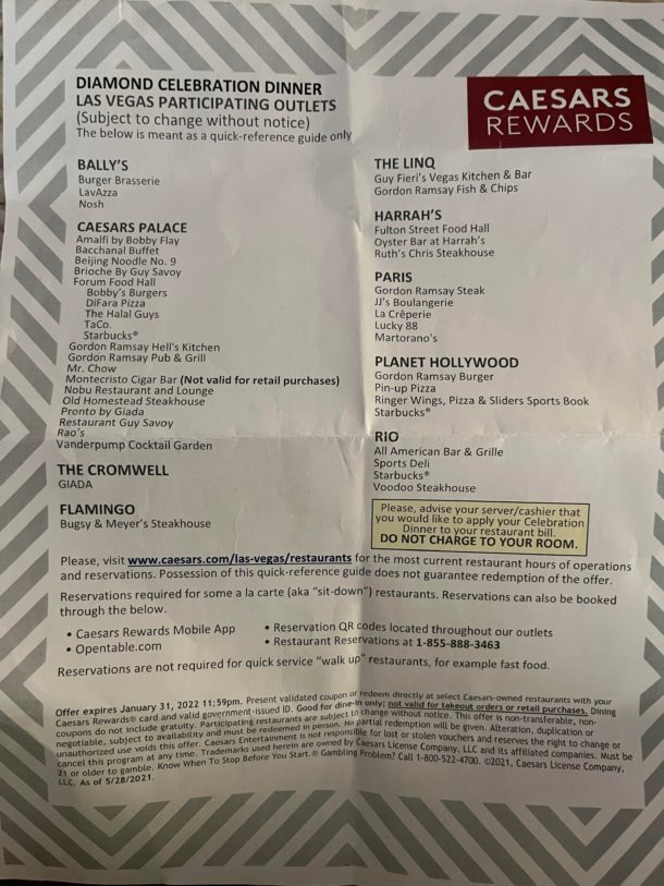 Caesars Diamond Celebration Dinner Highest Rated Locations