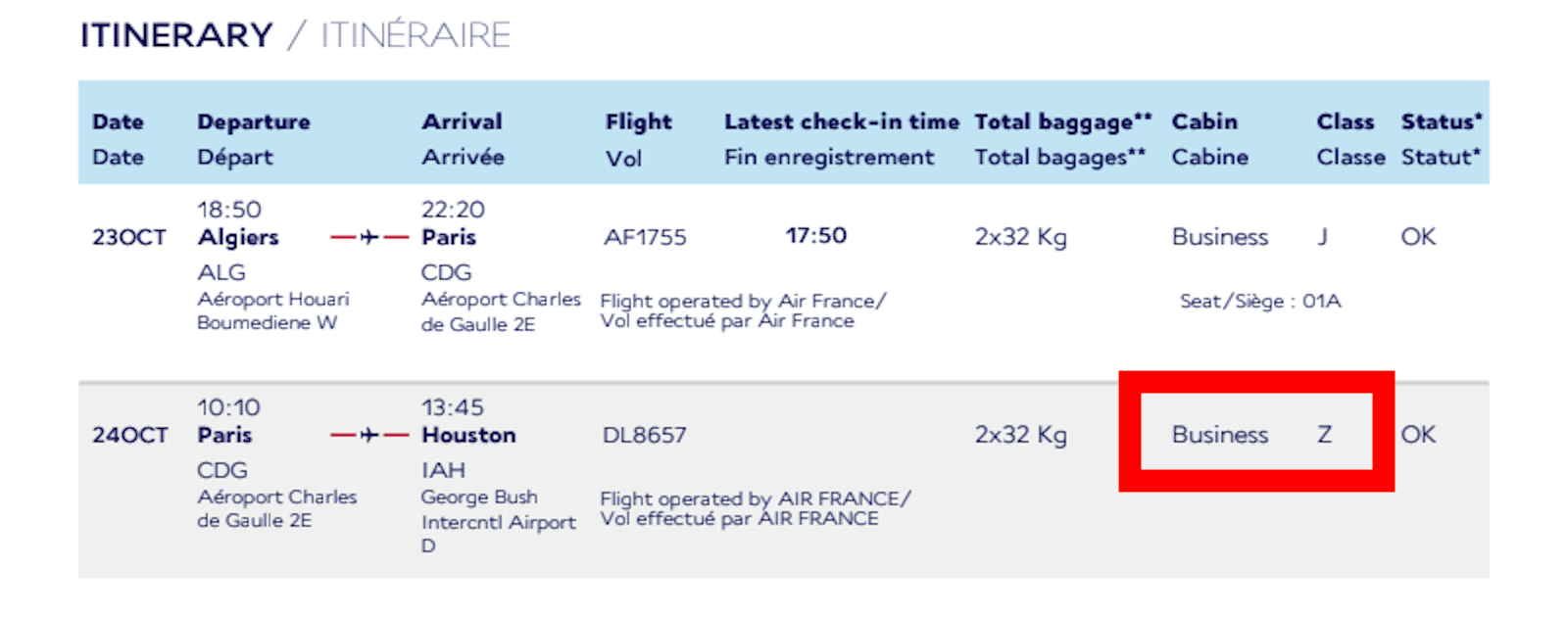 Air France issued new e-tickets, changed from F to Z class