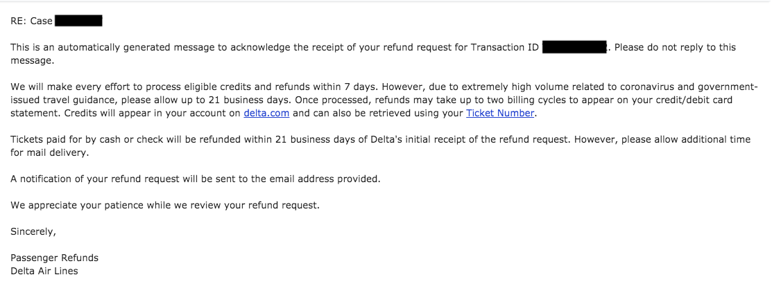 Delta cancellation confirmation email