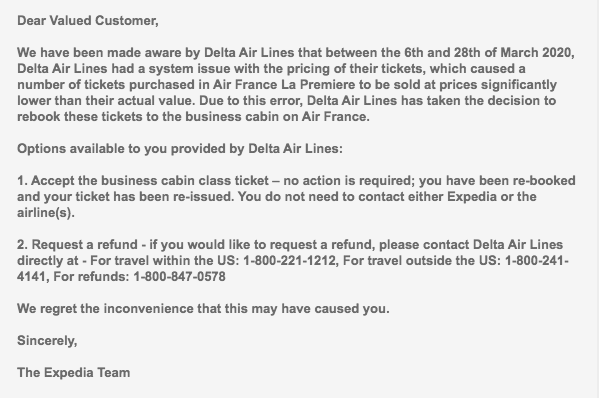 Expedia email on right to cancel Air France mistake fare on Delta