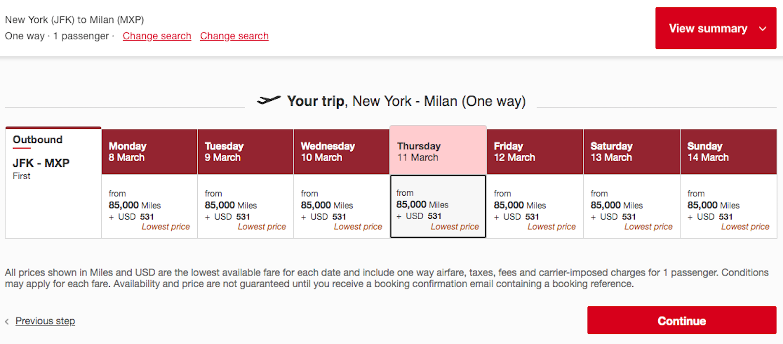 Emirates first class using Membership Rewards points to fly to Milan