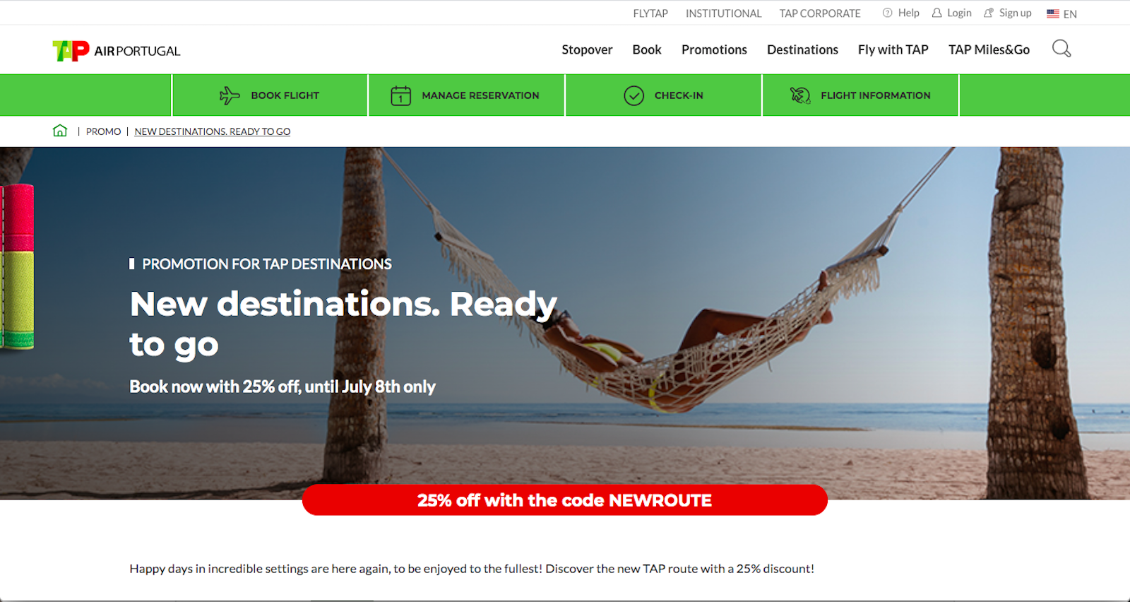TAP Portugal 25% off sale for flights on new routes for 2020
