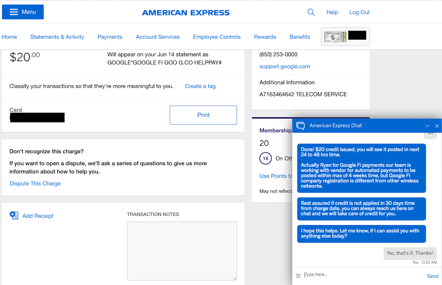 Amex chat rep admits to issues with Google Fi wireless credits
