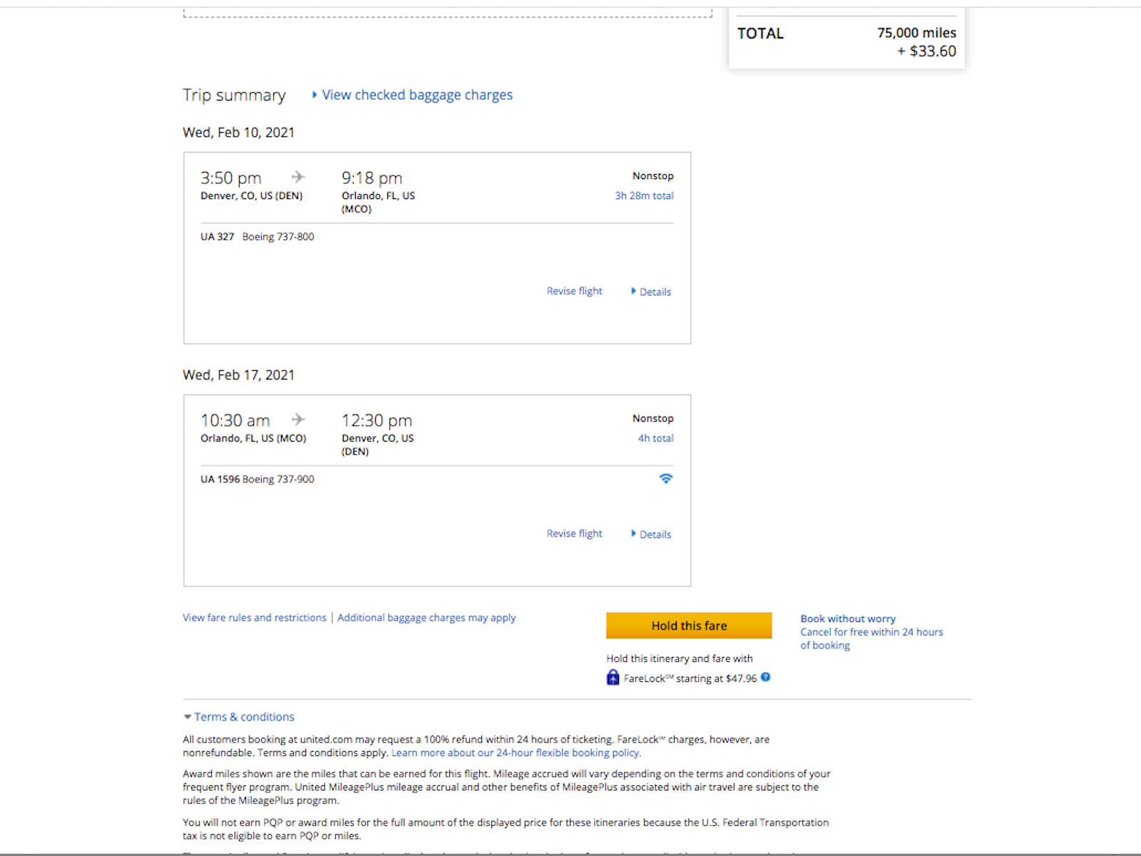 United flights Denver to Orlando for your first trip using points & miles