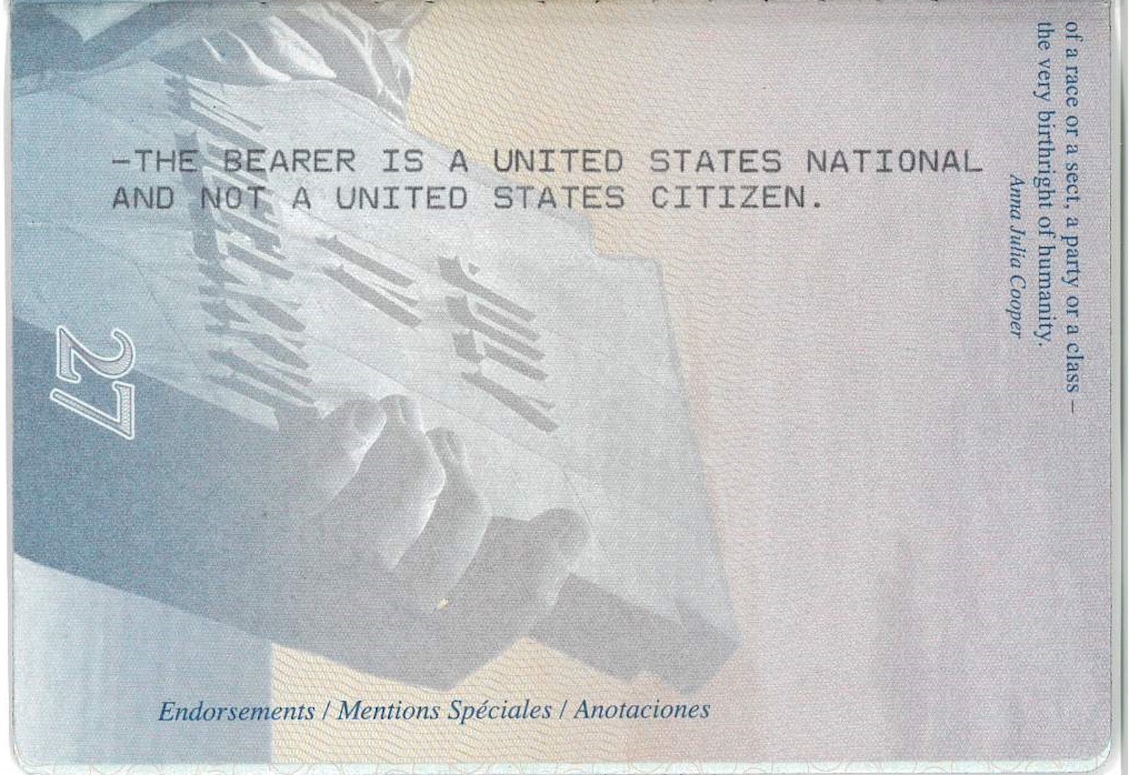 Message inside US national passport - American Samoa