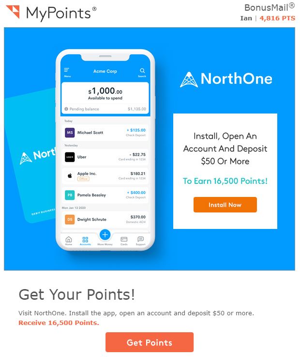 MyPoints NorthOne Bank Offer