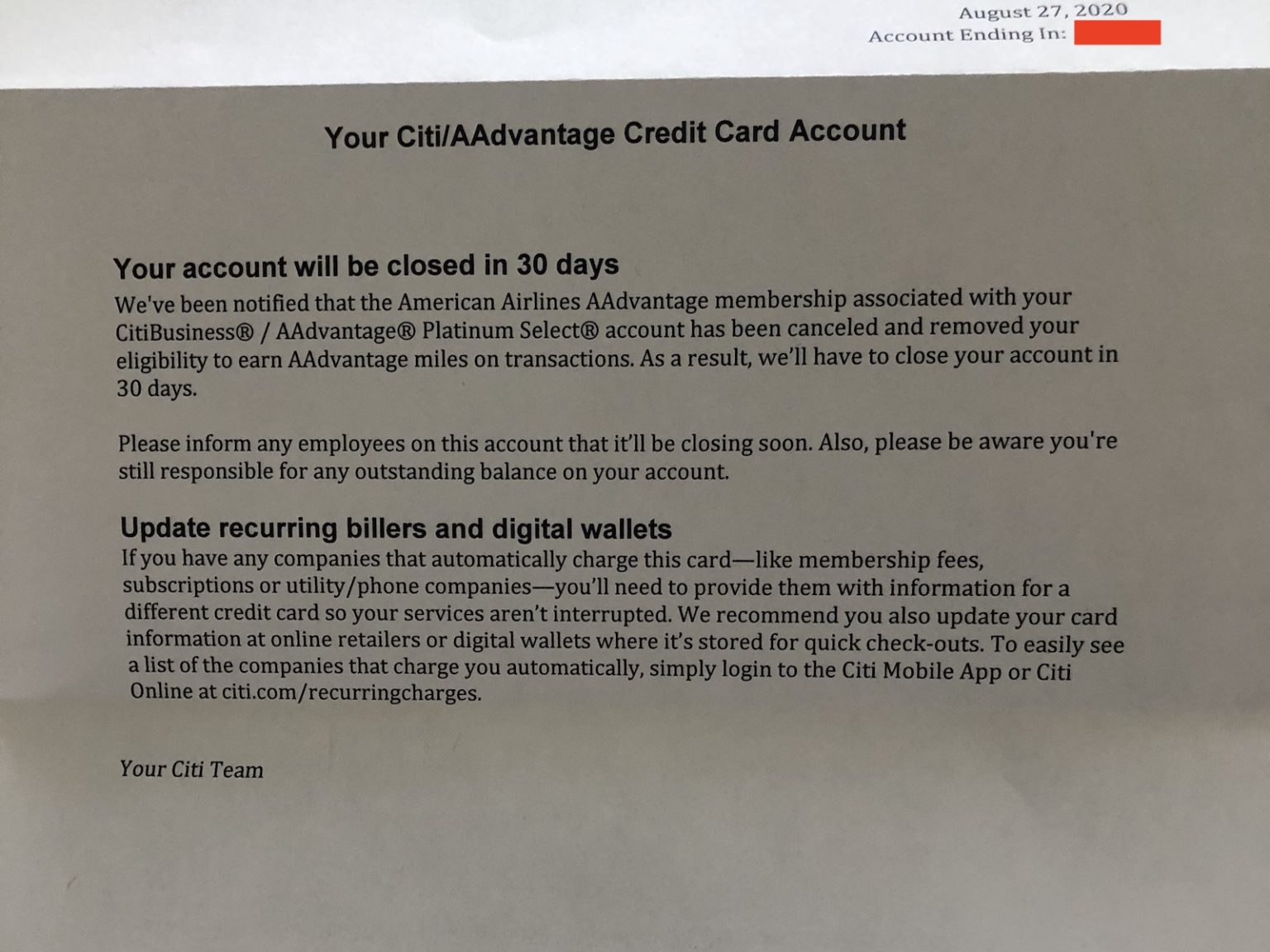 AA Shutdown Citi Account Closure Letters Mailed Out This Week