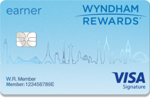 a blue credit card with a city silhouette