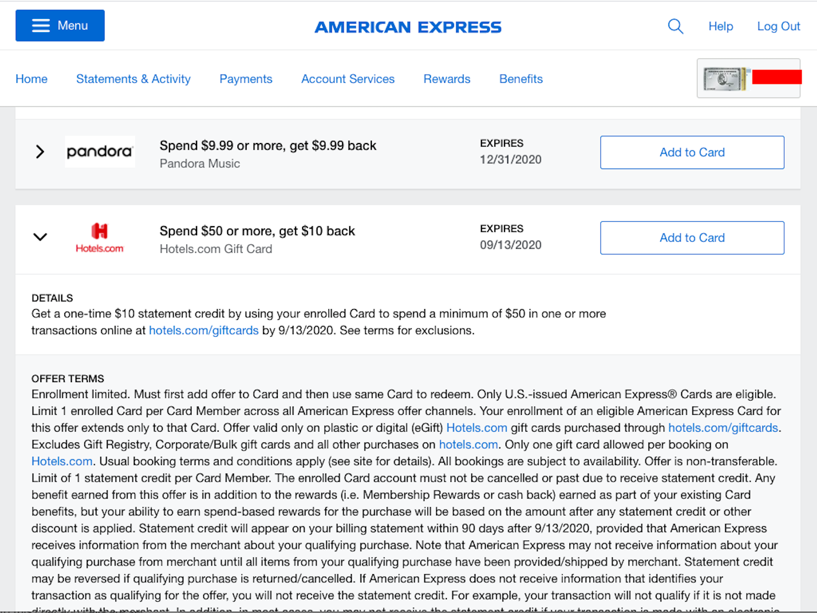 Use Amex Offers for discounts on Hotels.com gift cards, pay with those
