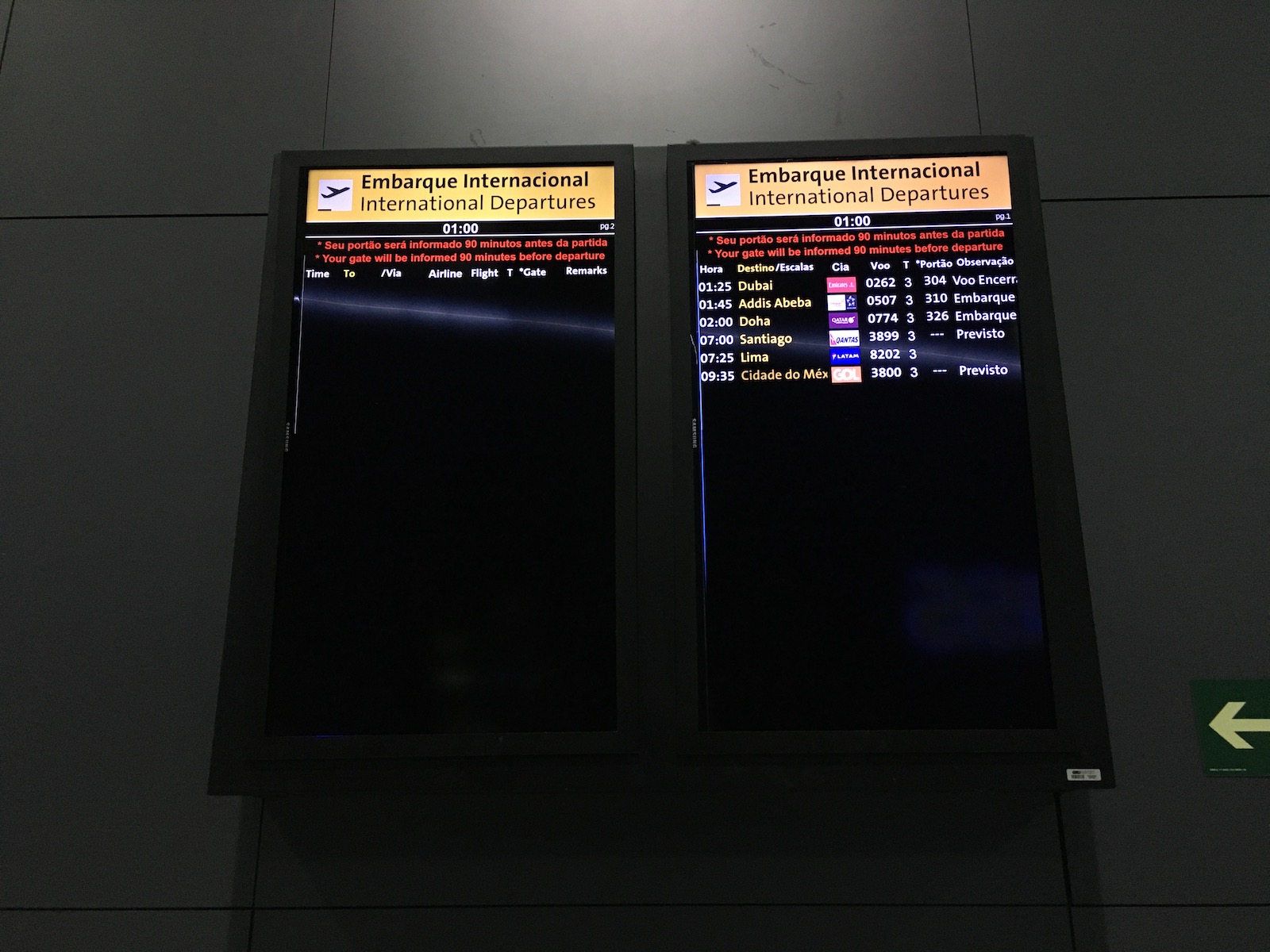 International departures list at GRU São Paulo.