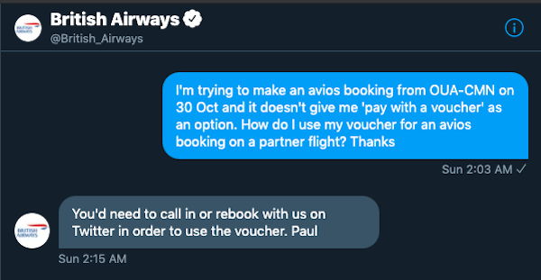 British Airways Twitter reply that I can book through them