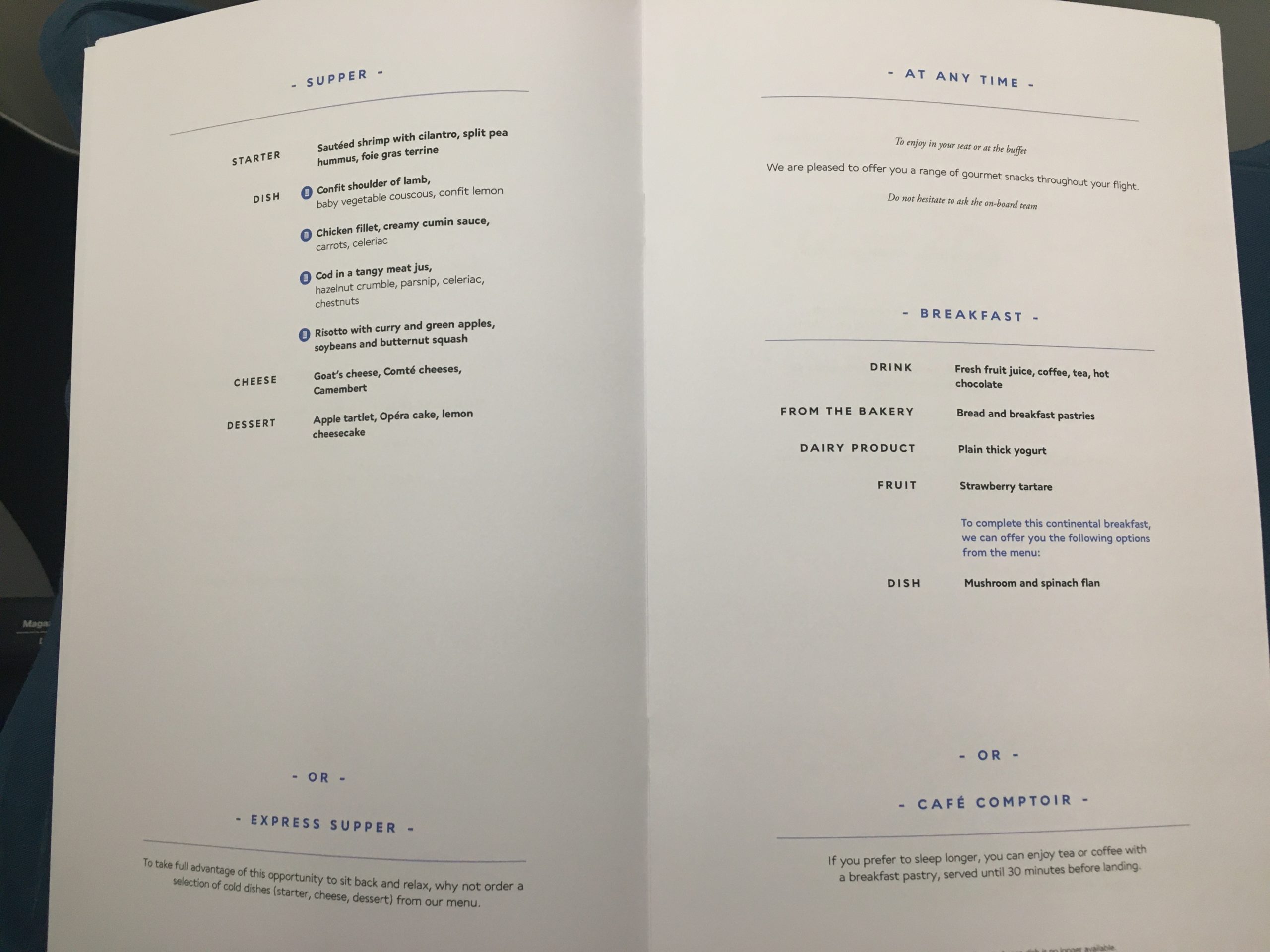 Air France business class menu
