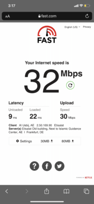 Image of wifi speed test results in guest room 