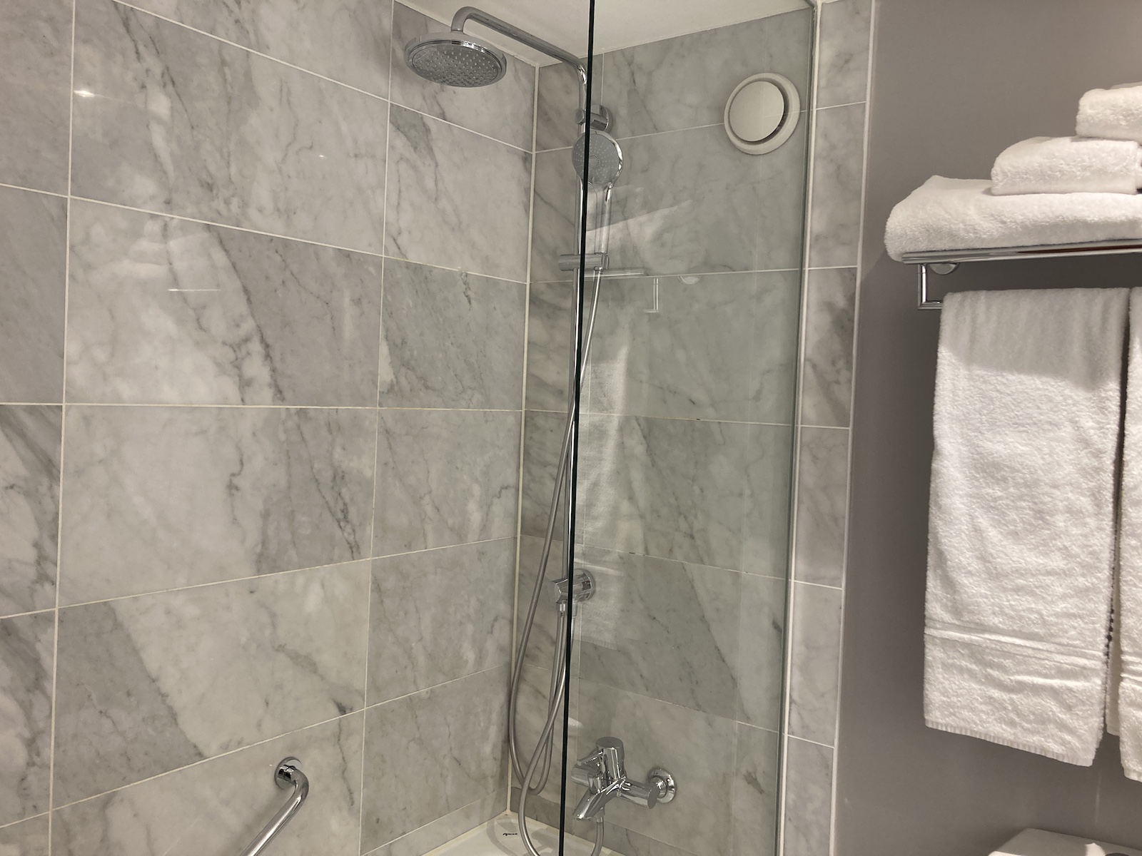 Image of the shower in our suite at the Sheraton Stockholm Hotel, part of my review.