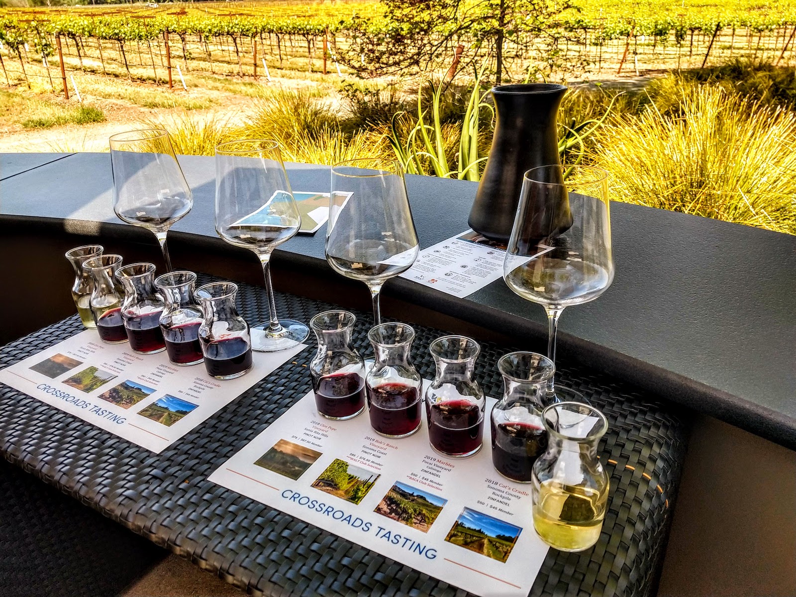 Wine glasses and samples of wine with identifying information await visitors for a wine tasting