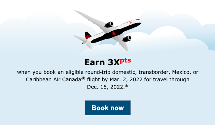 Image shows Aeroplan promotions sent by email for 3x points on flights