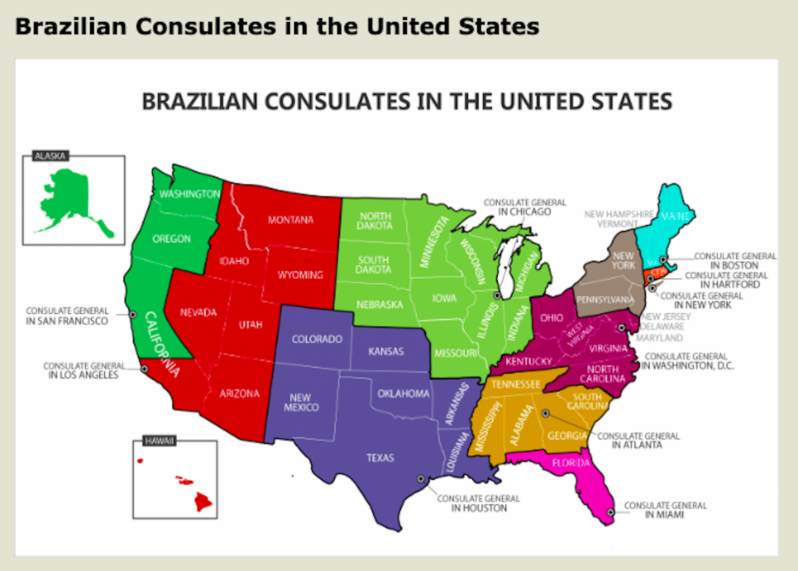 Image of map showing Brazilian consulate locations and jurisdictions in USA to help you apply for digital nomad visa