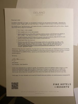 Image of welcome letter with Amex FHR benefits explained at Delano at Mandalay Bay Las Vegas