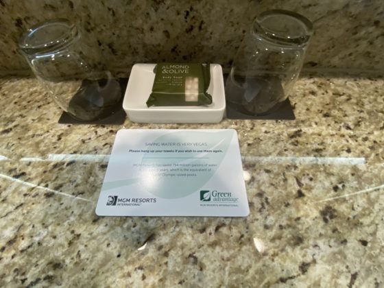 Image of items on the counter in the bathroom, including card about wasting water