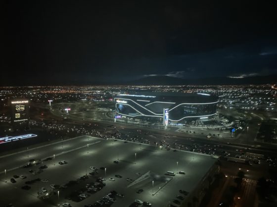 Image shows view of Allegiant Stadium from guest room balcony