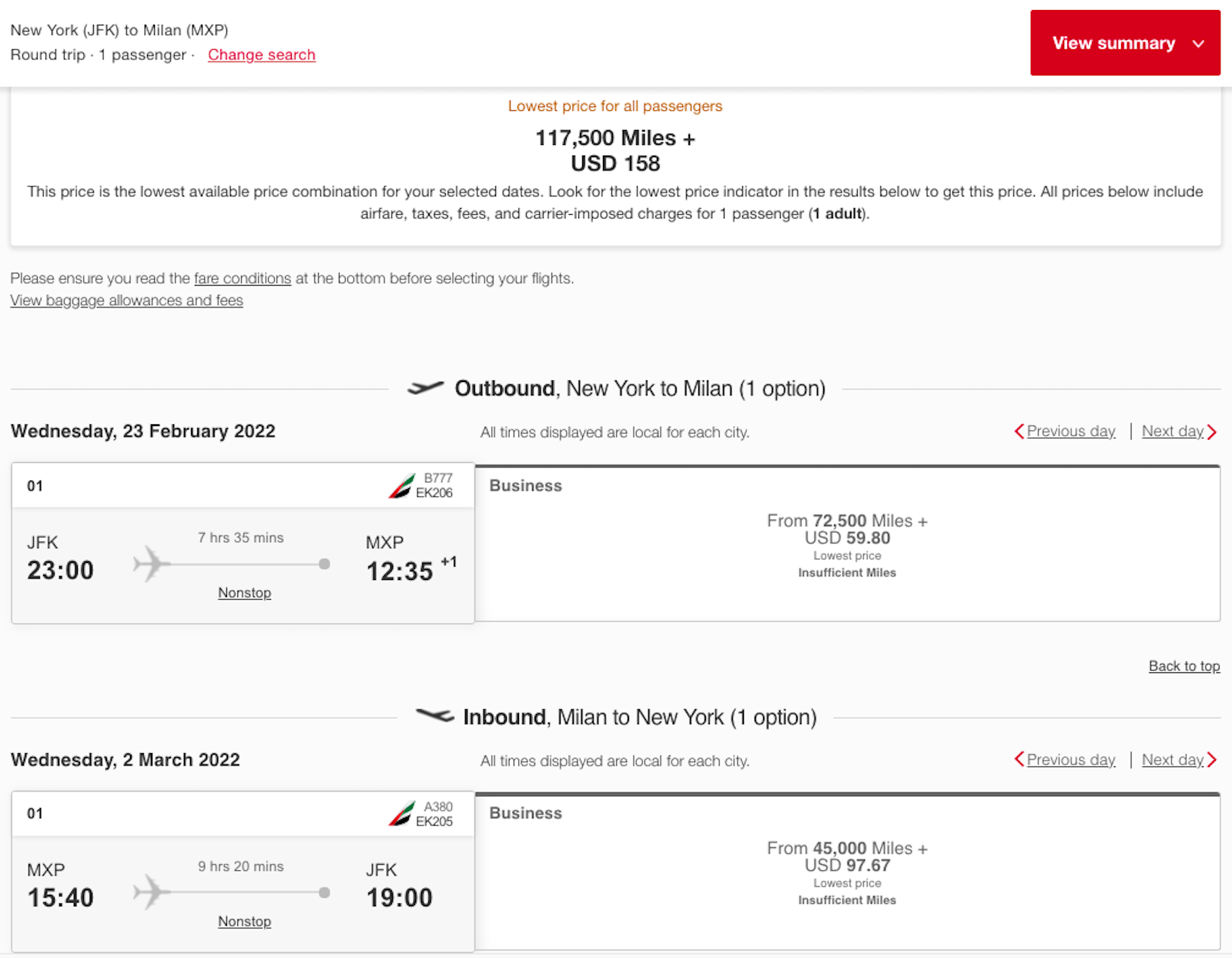 Sample Emirates business class itinerary JFK-MXP round-trip showing no devaluation