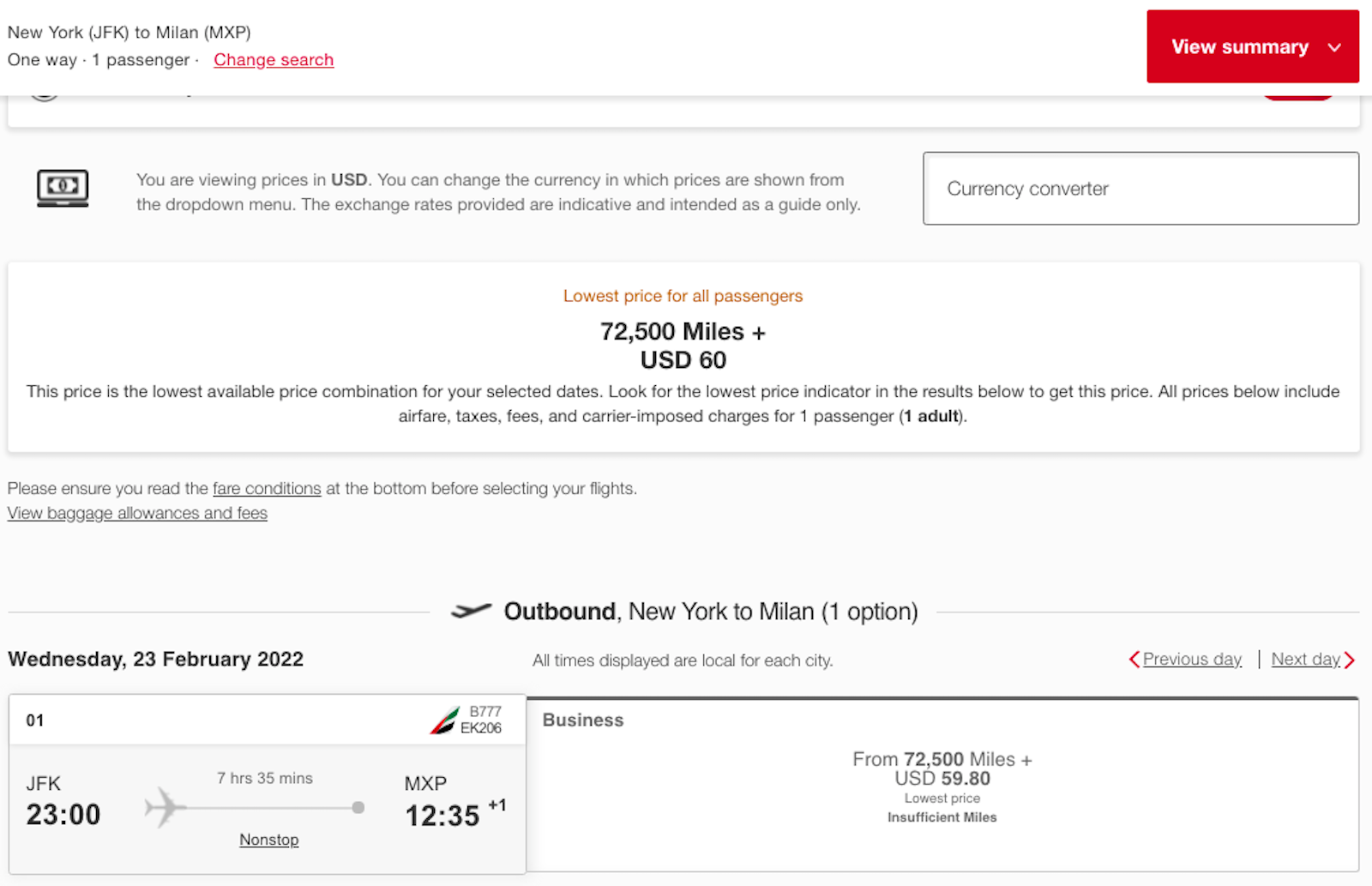 Sample Emirates award for one-way business class flight showing devaluation