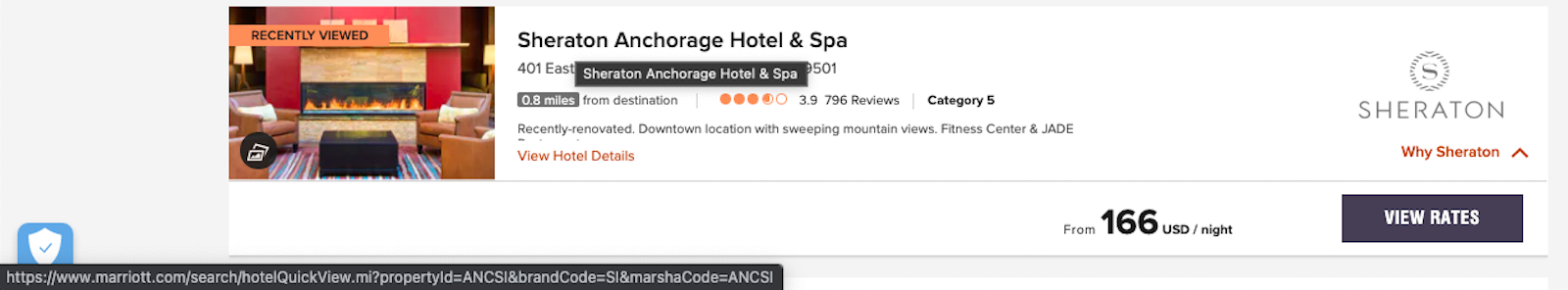 Screenshot of mouseover on Marriott hotel name to find Marsha code and use this on secret website for what's open at the hotel