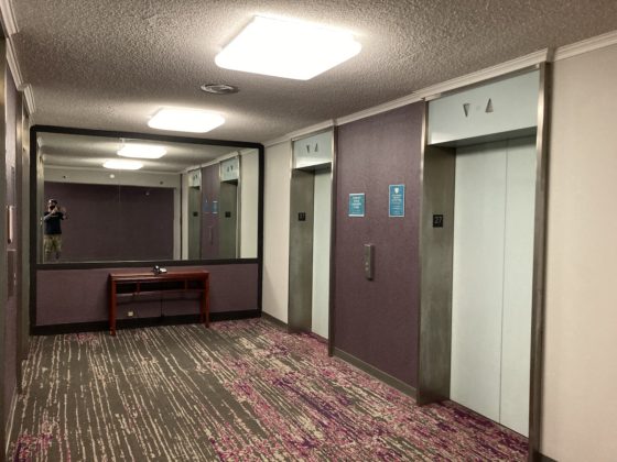Image of carpeted waiting area and mirror in elevator waiting area