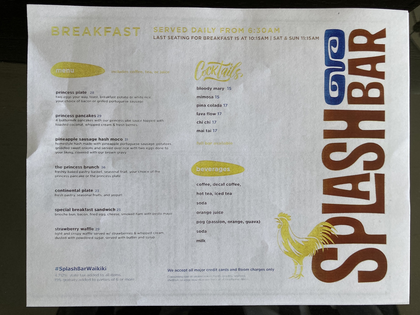 Breakfast menu for Splash Bar at Sheraton Princess Kaiulani