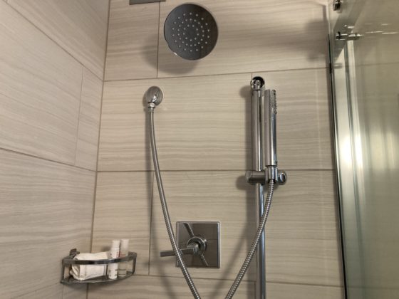 A shower head and handheld shower wand are on the wall