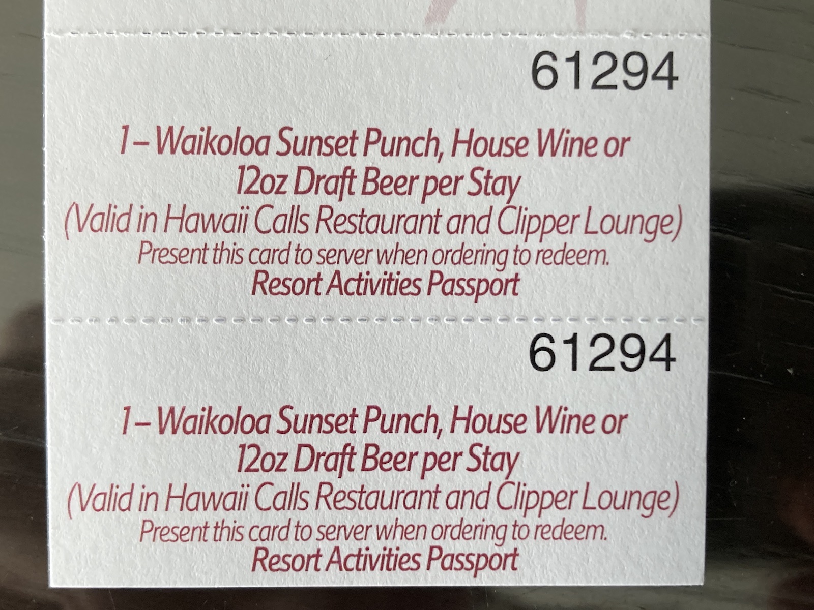 Photo of welcome drink tickets and options