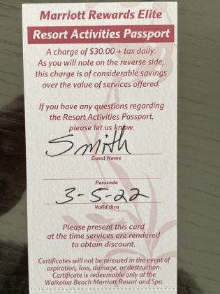 Photo of our ticket showing check-out date for when we lose access to resort amenities