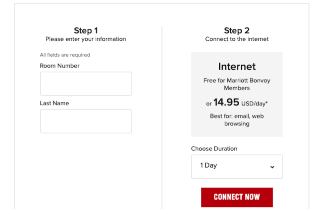 Image shows options for joining the internet at the Waikoloa Beach Marriott Resort & Spa and the price for standard connection