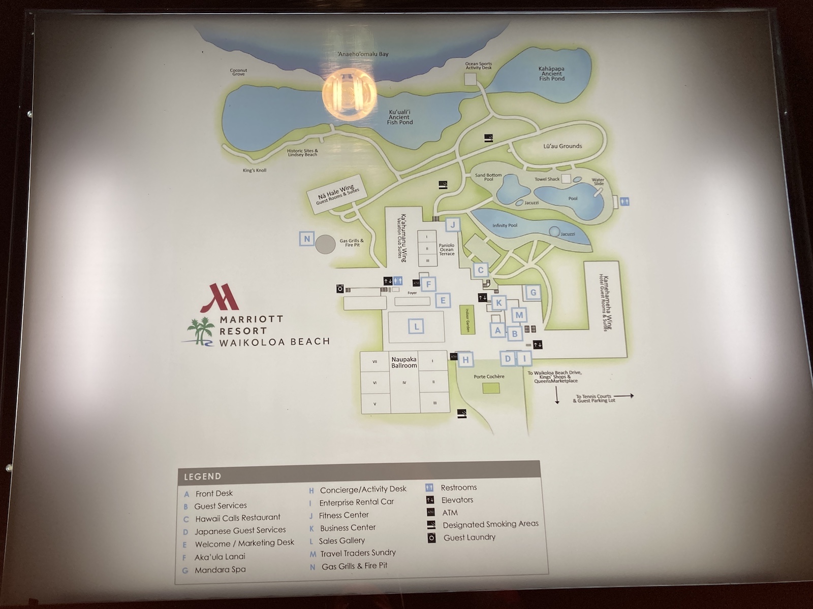 Photo of map of the grounds at Waikoloa Beach Marriott Resort Spa, map is located near the lobby bar