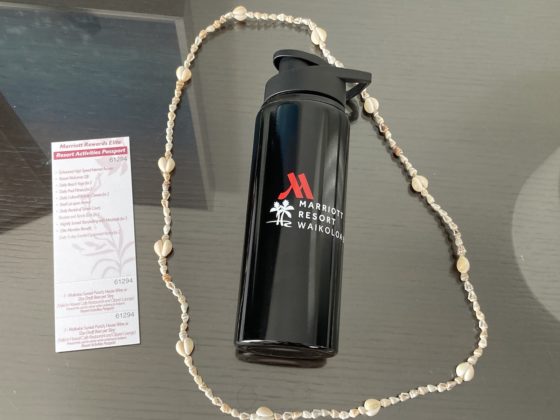 Photo of water bottle laying down with shell lei going around it
