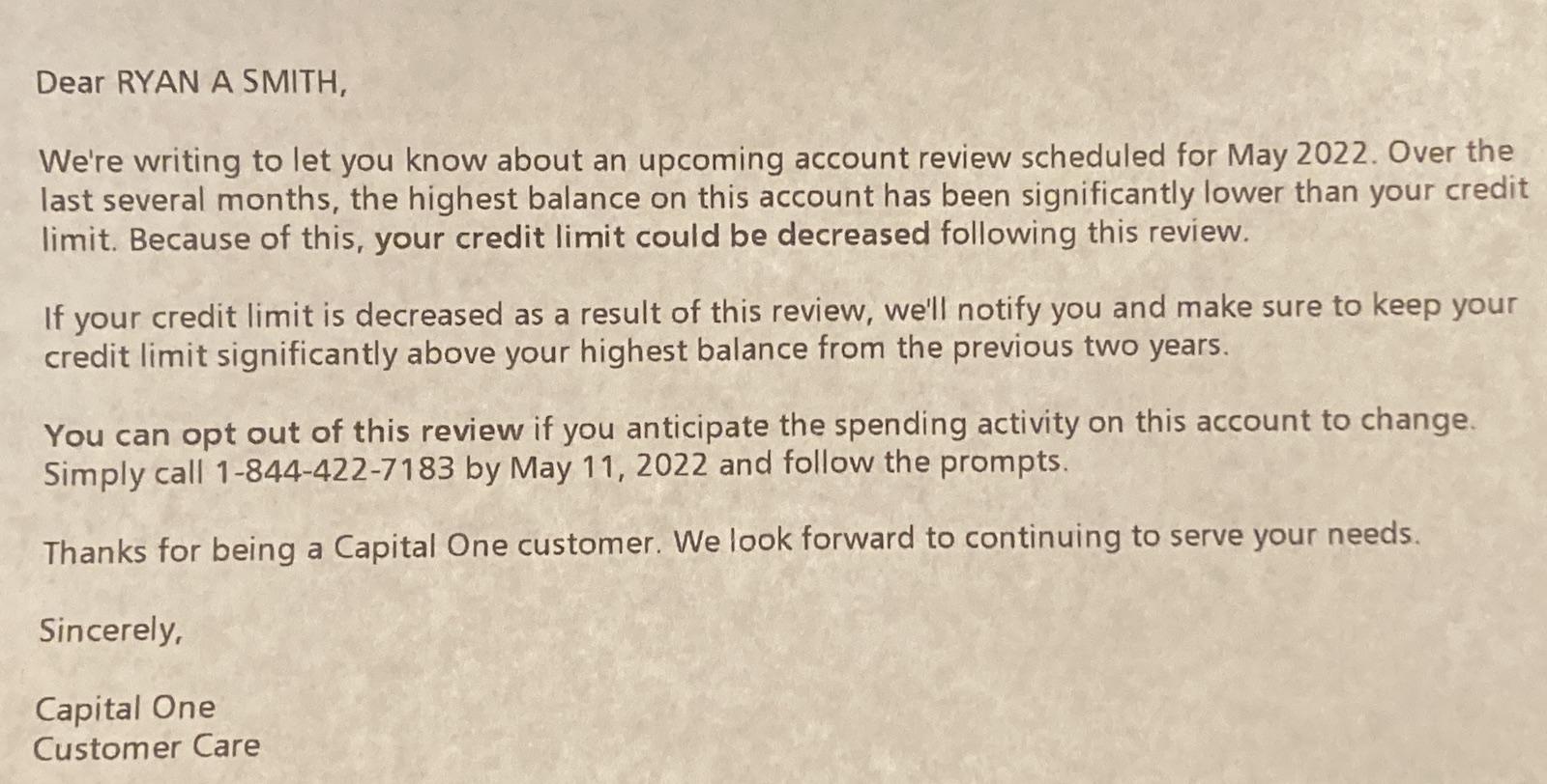 Image shows mailed letter from Capital One stating a review might in credit limit decrease