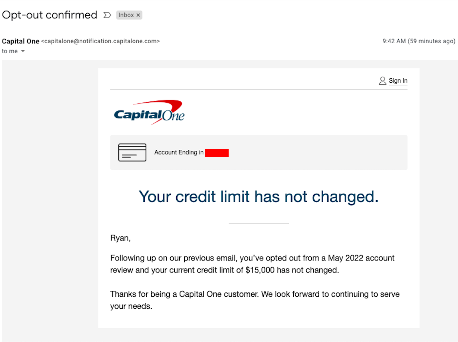 Screenshot of email saying I opted out of a review that might decrease my credit limit