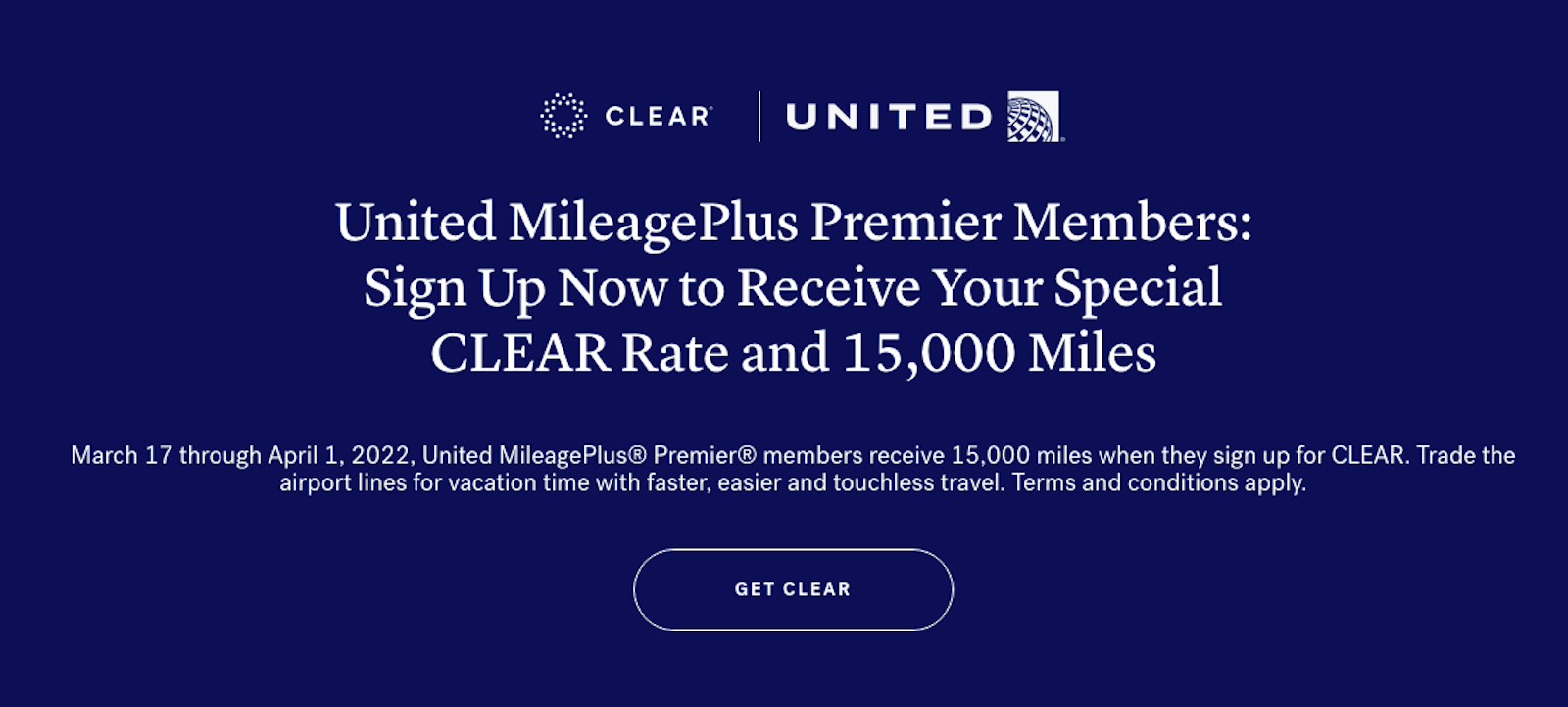 Screenshot of promotional image to get 15000 United miles if you join CLEAR