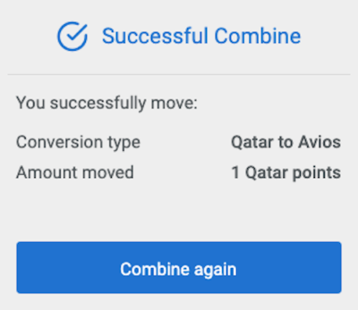 Confirmation after transfer of 1 Avios from Qatar Airways to British Airways